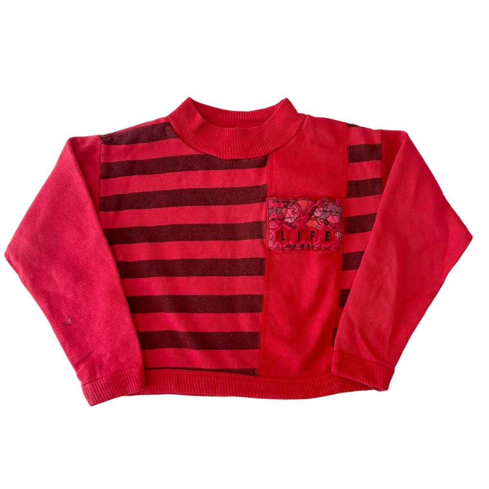 Vintage Kids Red Striped Life Map Globe Cropped Mockneck Sweatshirt Size 4T